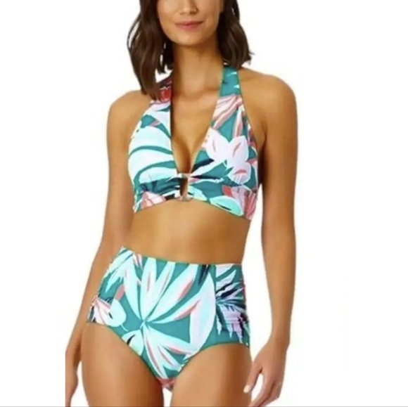 Anne Cole 2pc Zesty Tropical Halter Top Shirred High Waist Bottom Bikini Set XS - Picture 1 of 16